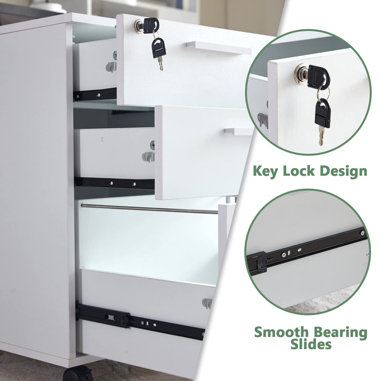 3 Drawer Mobile File Cabinet with Lock, Under Desk Wood Filing Cabinet