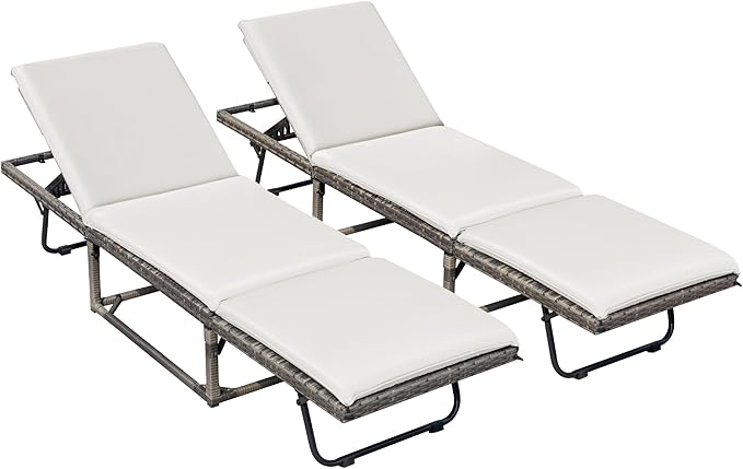 Foldable Rattan Chaise Lounge 2-Pack, 5-Angle Adjustable Backrest Patio Chairs for Beach