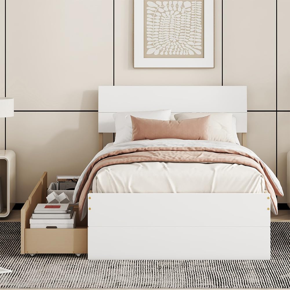 Bed Frame, with 2 Drawers, White High Gloss Headboard Footboard, No Spring Box Needed,
