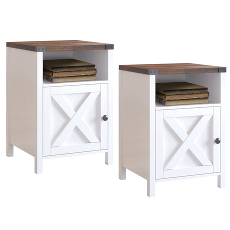 Farmhouse End Table, Set of 2, Rustic Night Stand with Barn Door and Storage Shelf