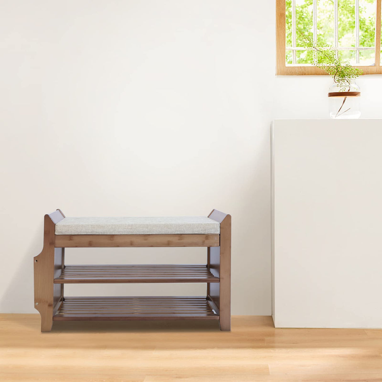 2-Tier Shoe Storage Bench with Storage, Bamboo Shoe Bench with Cushioned Seat