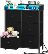 Dresser for Bedroom with Charging Station, 6-Drawer Chest Furniture with LED Lights