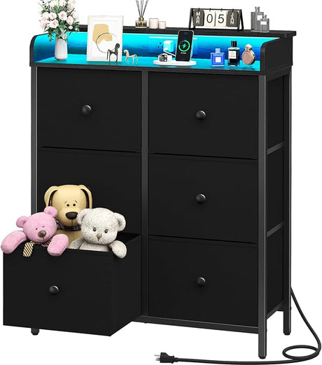 Dresser for Bedroom with Charging Station, 6-Drawer Chest Furniture with LED Lights