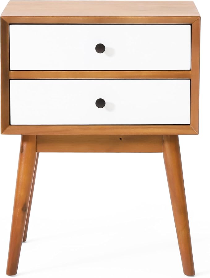 Mid-Century Acacia Wood Nightstand with 2 Drawer