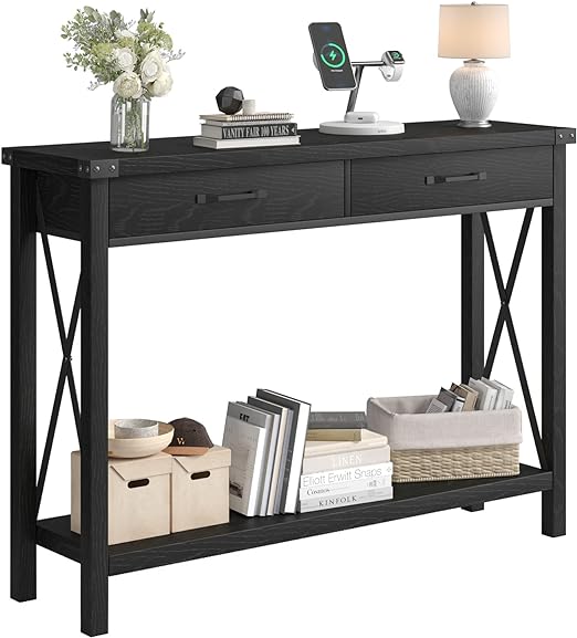 Console Table with 2 Drawers, Farmhouse Entryway Table with Storage Shelf, Accent