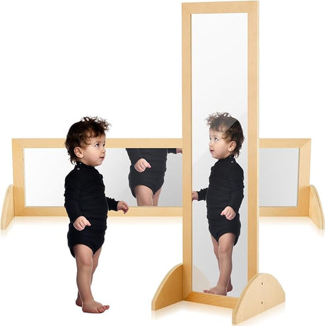 Double Sided Bi Directional Infant Montessori Mirror 45.7 x 15.6 x 14.6 Inch Toddler Mirror Safety Shatterproof Wooden