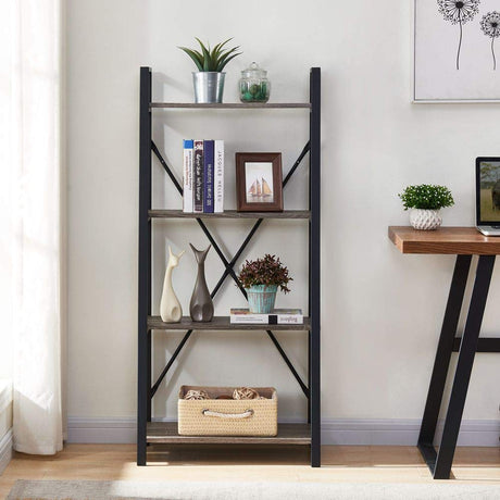 Rustic Ladder Bookshelf, 4 Tier Industrial Ladder Shelf Bookcase, Standing Leaning Book