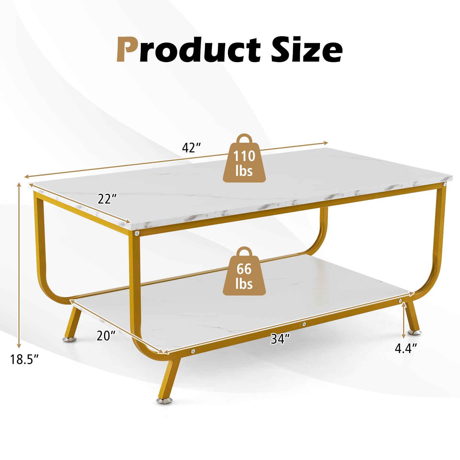 2-Tier Coffee Table, Rectangular Center Cocktail Table with Faux Marble