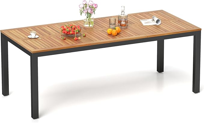 Patio Outdoor Dining Table for 8, 79’’ x 39.5’’ Acacia Wood Rectangular Table w/Slatted Top