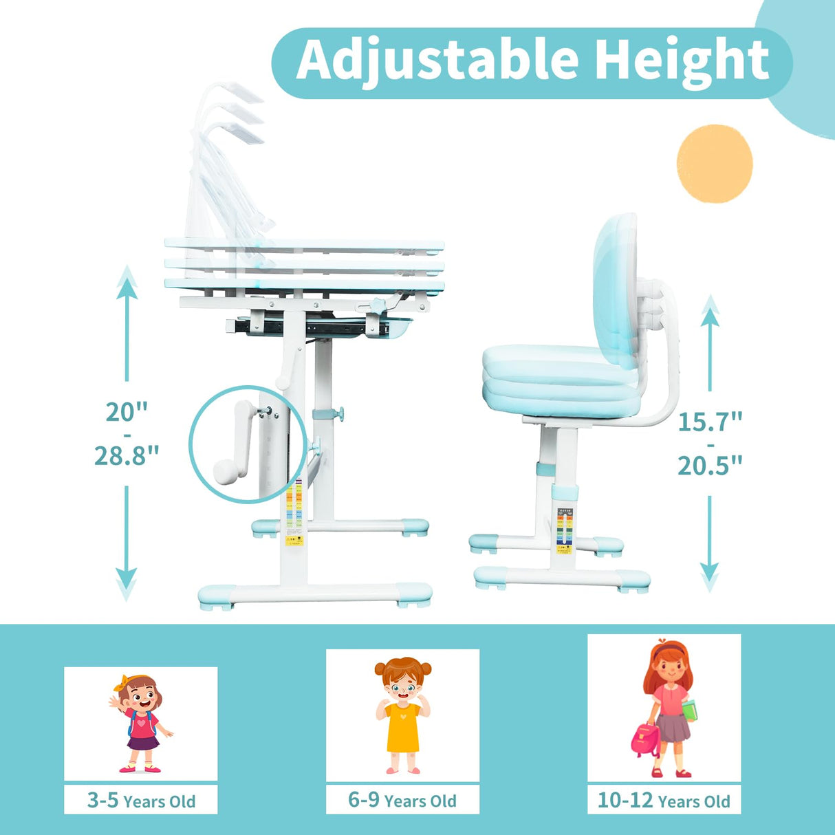 Kids Desk and Chair Set, Height-Adjustable Chair and Desk for Kids, Kid Desk with 3 Modes and 3 Brightness Led Lamp