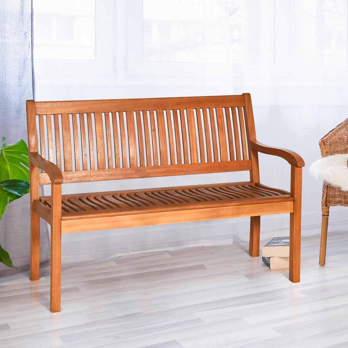Outdoor Wood Bench, Two Person Solid Wood Garden Bench w/Curved Backrest