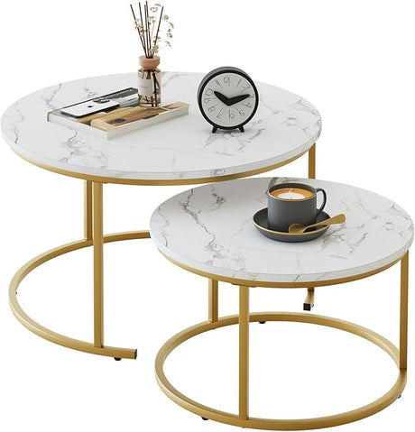 29.5" Nesting Coffee Table, Large White Faux Marble Gold Side Table Set of 2