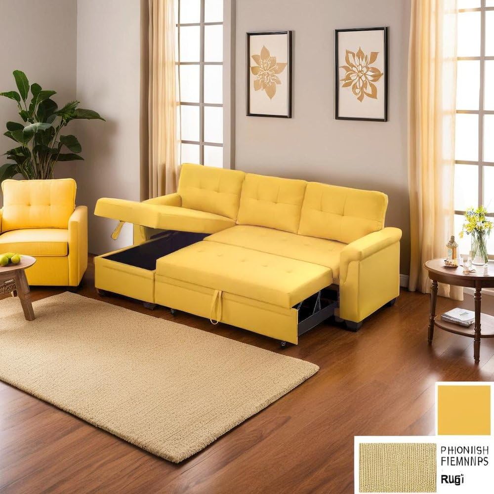 FurniFact Yellow Linen Reversible Sleeper Sectional Sofa Featuring Storage Chaise and Pull-Out Sleeper, Ideal for Living Rooms and Small Spaces