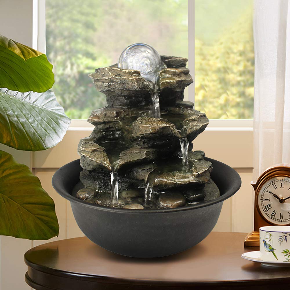 Spinning Orb Rock Cascading Tabletop Fountain, Zen Meditation Indoor Waterfall Feature