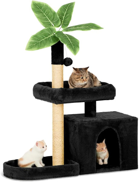 31.5" Cat Tree/Tower for Indoor Cats with Green Leaves, Cat Condo Cozy Plush Cat House