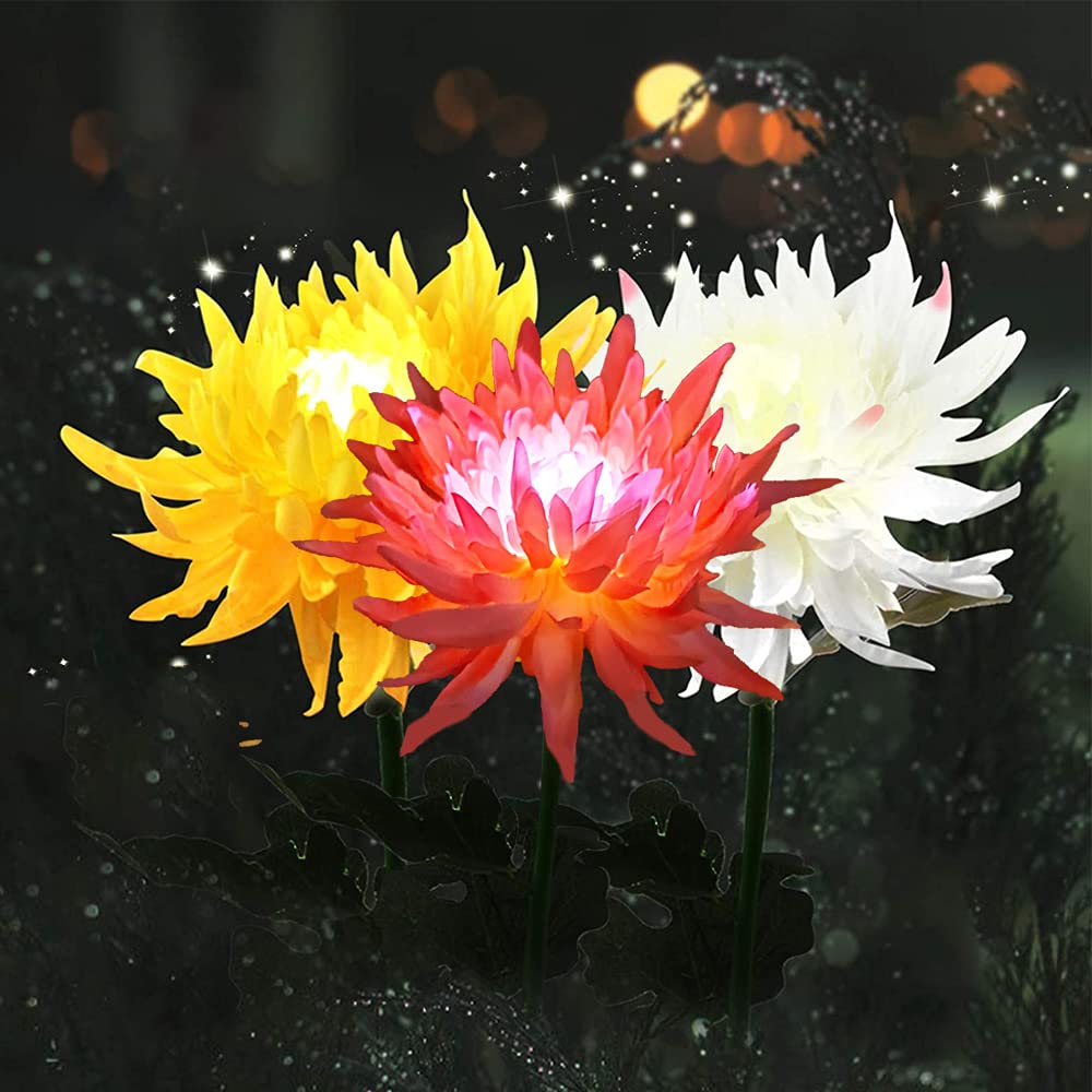 Outdoor Solar Garden Stake Lights, 3 Pack Chrysanthemum Flower