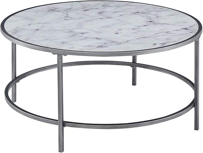 Gold Coast Faux Marble Round Coffee Table, White Faux Marble / Silver Frame