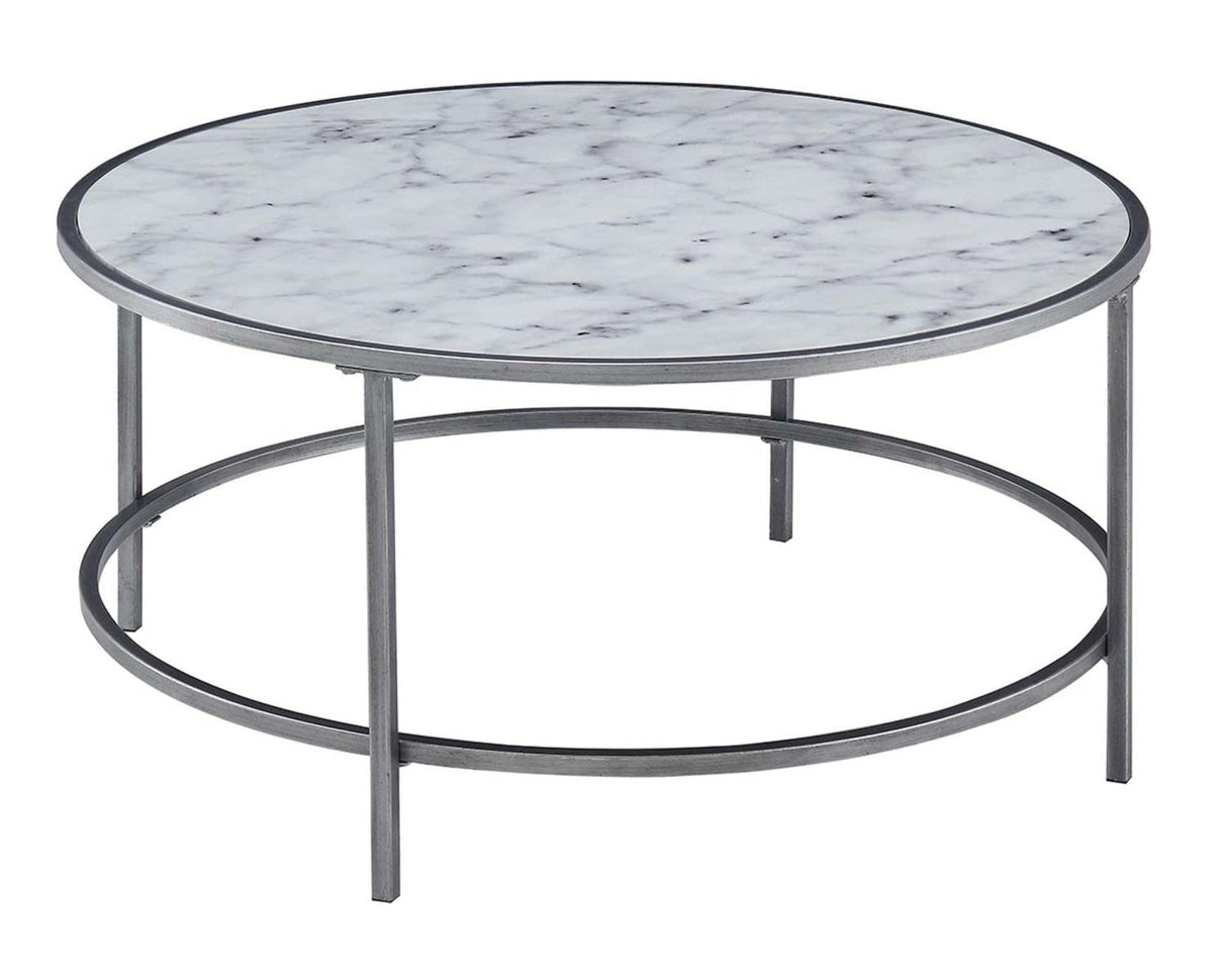 Gold Coast Faux Marble Round Coffee Table, White Faux Marble / Silver Frame