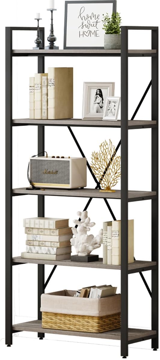 BON AUGURE Industrial Bookshelf, Etagere Bookcases and Book Shelves 5 Tier, Rustic Wood and Metal Shelving Unit (Dark Gray Oak)