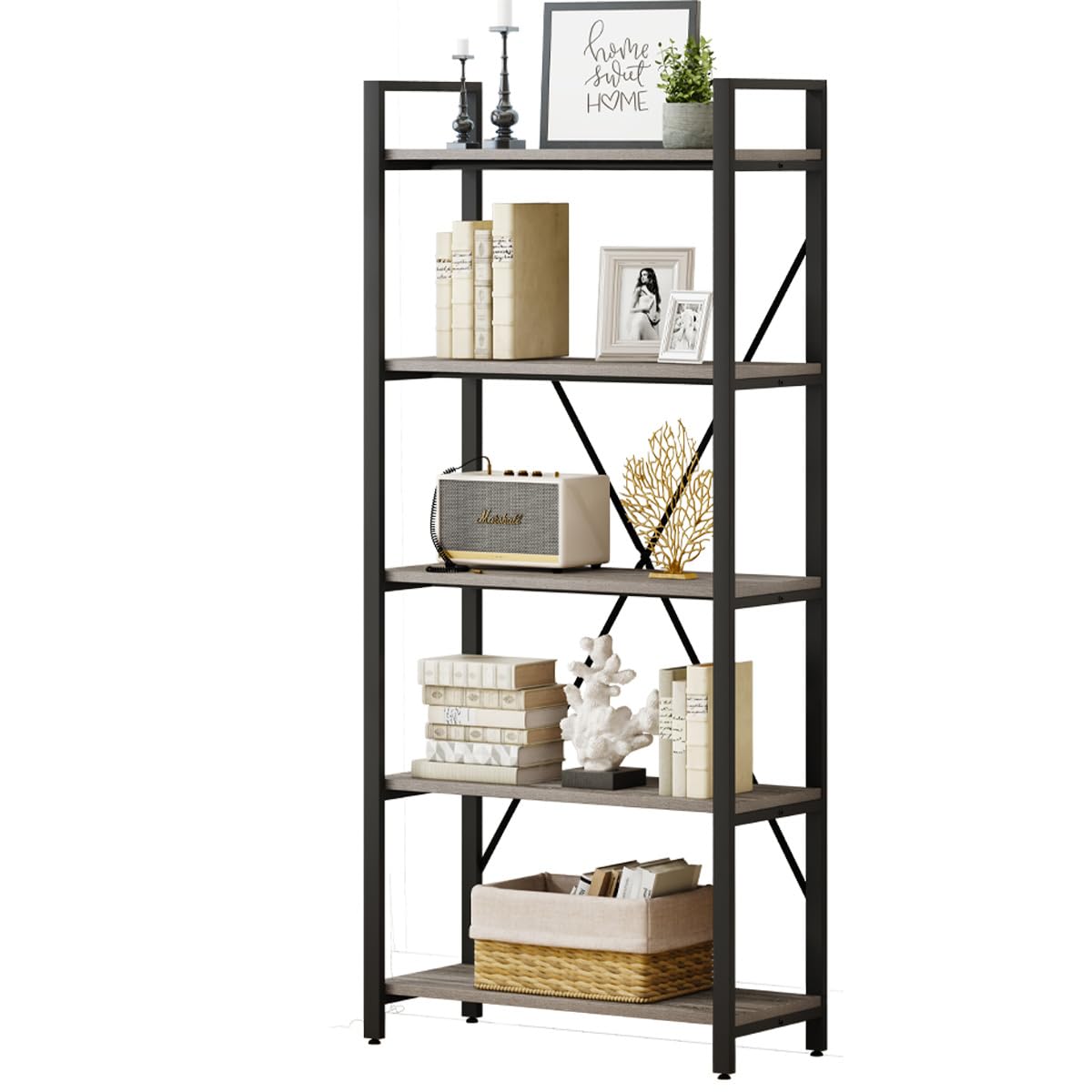 BON AUGURE Industrial Bookshelf, Etagere Bookcases and Book Shelves 5 Tier, Rustic Wood and Metal Shelving Unit (Dark Gray Oak)