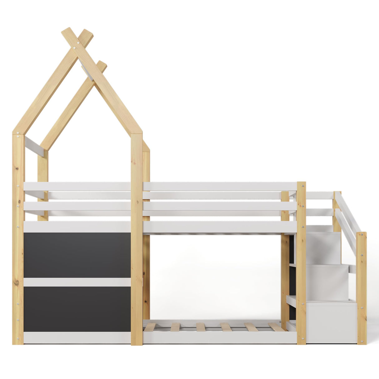 with Stairs,Twin Over Twin Bunk Bed with 2 Blackboard and Storage Shelves,Wood