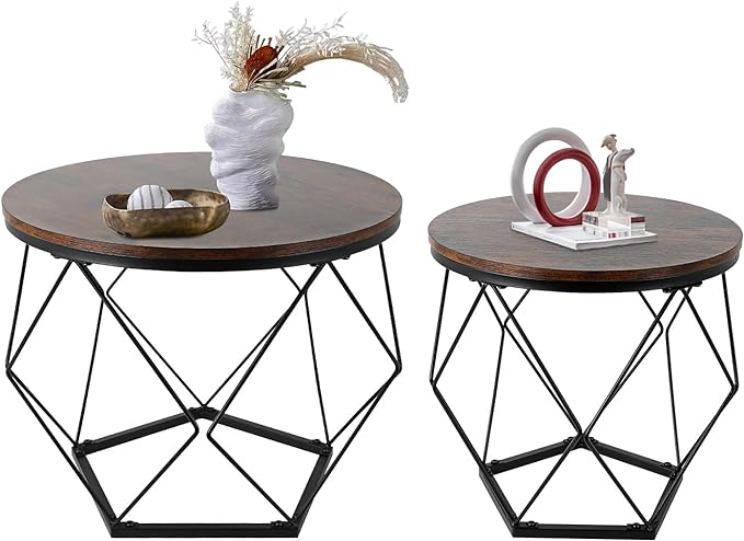 Coffee Table Set of 2 Round Coffee Table with Steel Frame, Sofa Table Side End Table for Living Room,