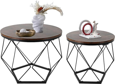 Coffee Table Set of 2 Round Coffee Table with Steel Frame, Sofa Table Side End Table for Living Room,