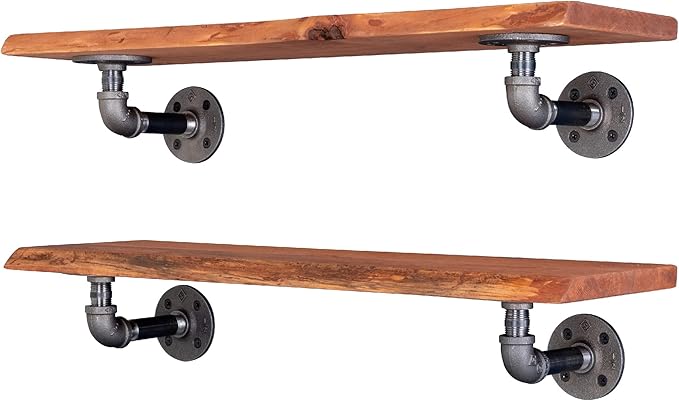 36” Sunset Cedar Live Edge Wood Shelf with Industrial L-Shaped Pipe Brackets (2-Pack)