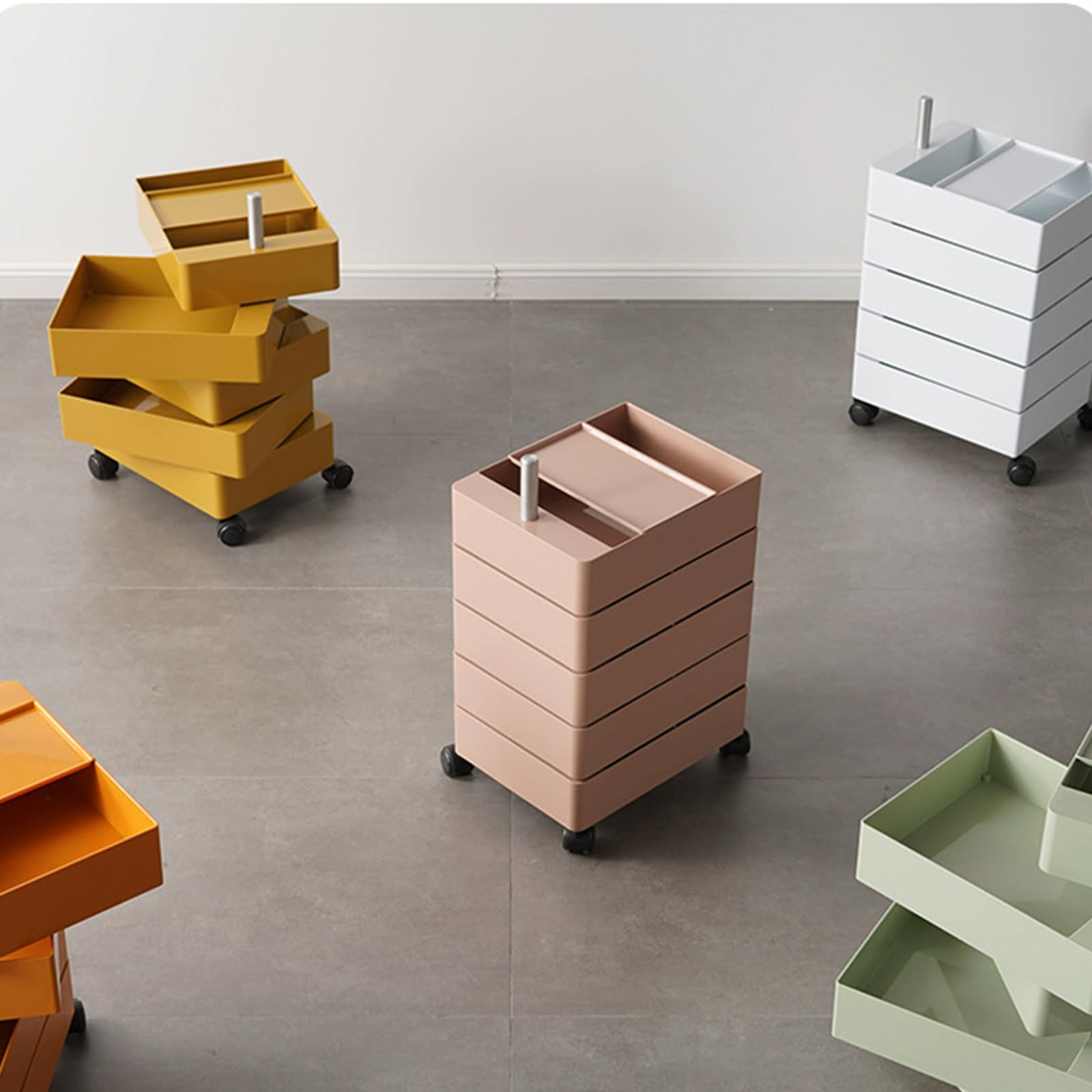 Versatile 5 Drawer Chest with Wheels, Modern Night Stand with Rotating Drawers