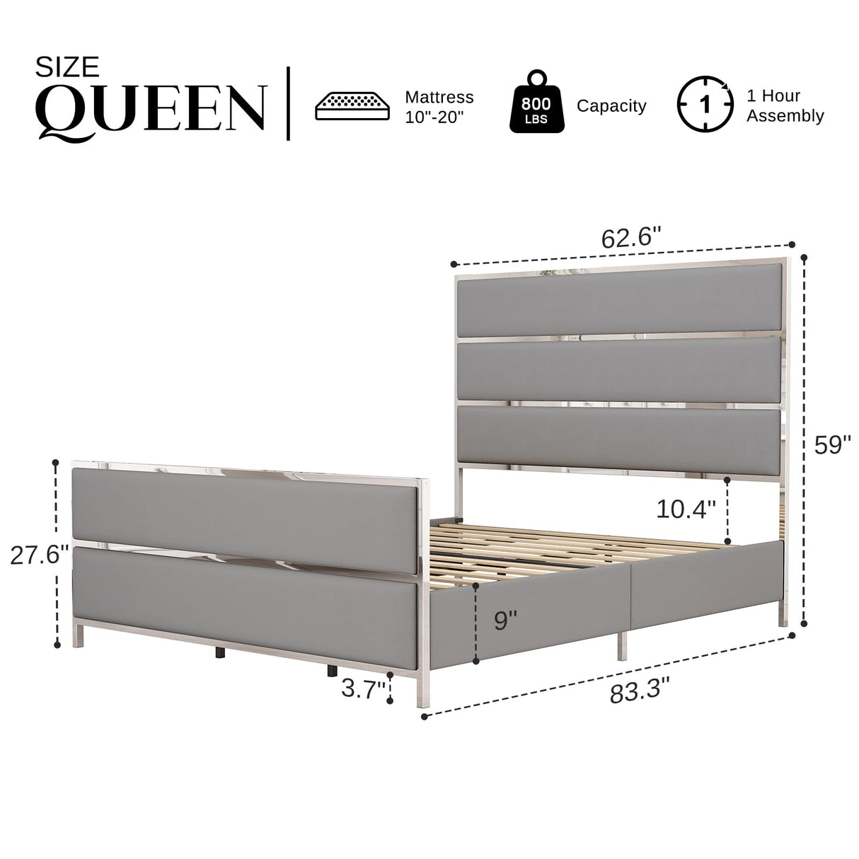 Queen Size Bed Frame with 59" Tall Headboard, Velvet Upholstered Platform Bed