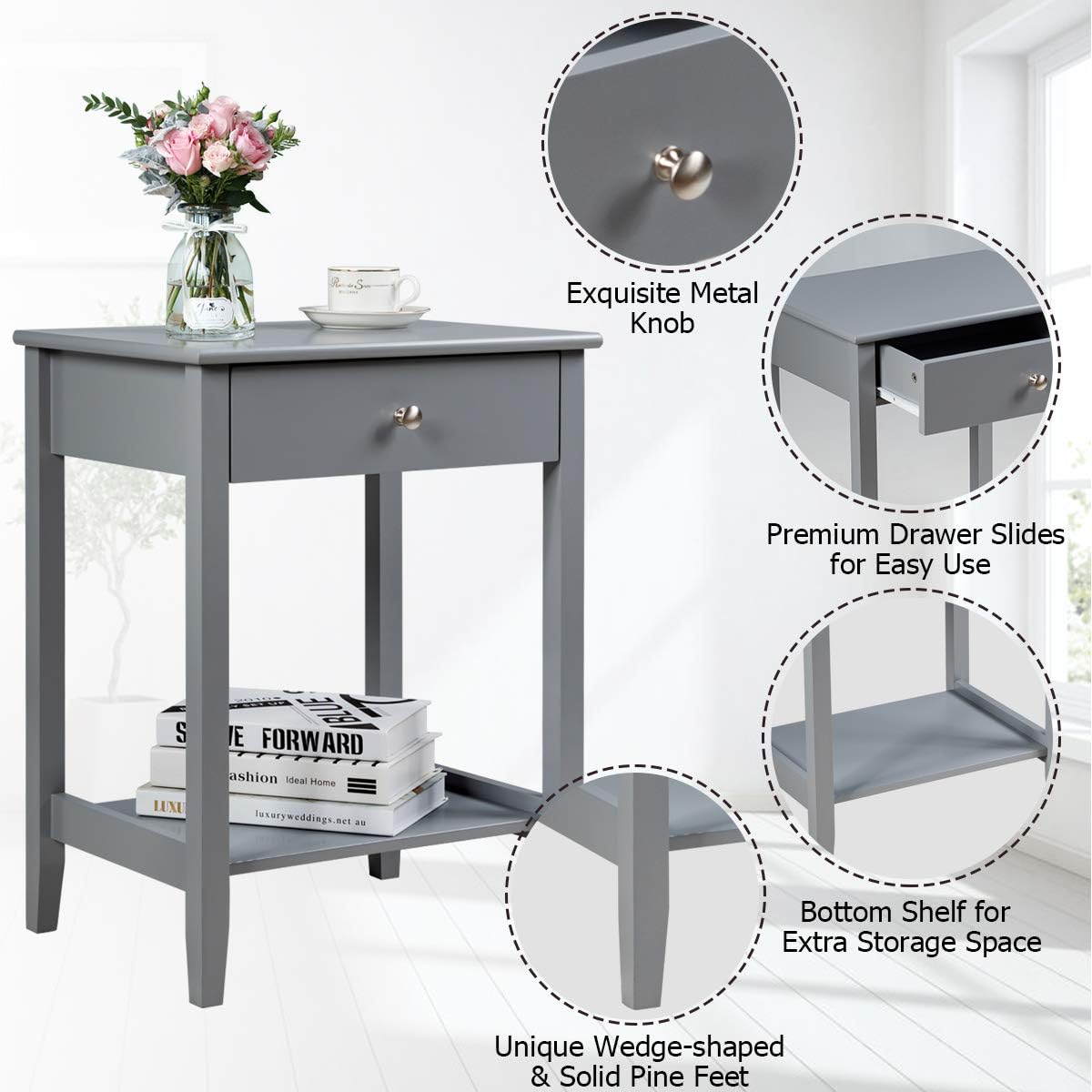 Nightstand Wooden 2-Tier Couch Sofa Side Table with Drawer, Storage Shelf