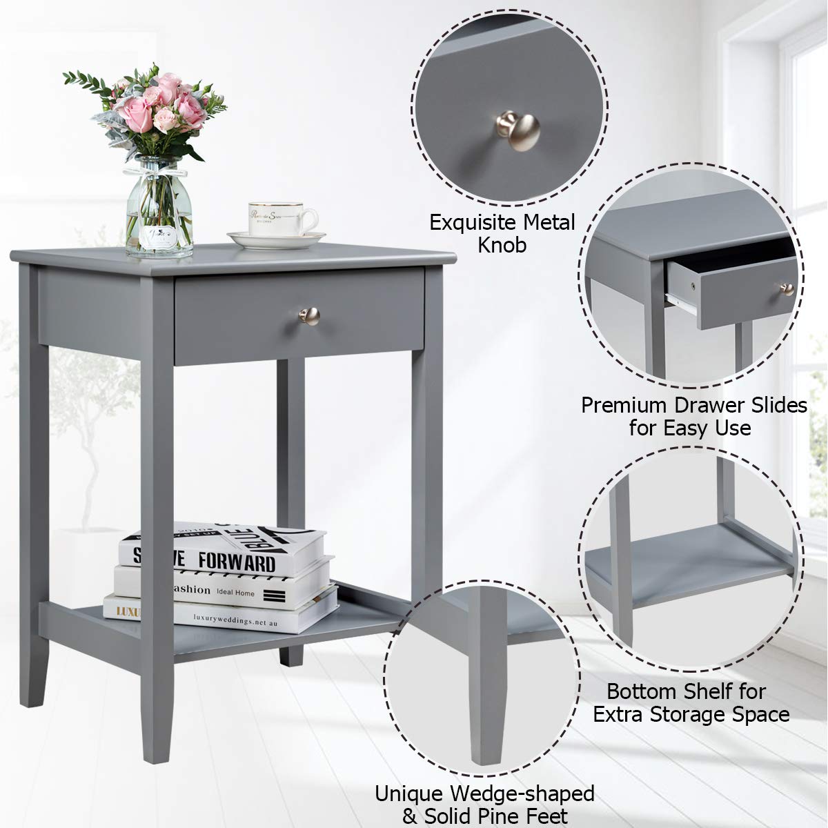 Nightstand Wooden 2-Tier Couch Sofa Side Table with Drawer, Storage Shelf
