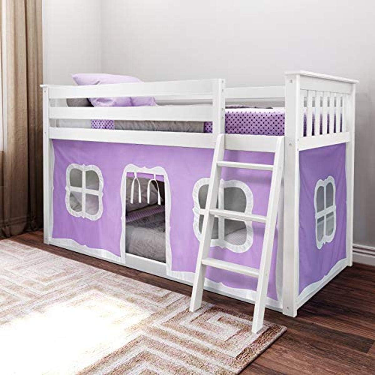 Low Bunk Bed, Twin-Over-Twin Bed Frame For Kids With Curtains For Bottom