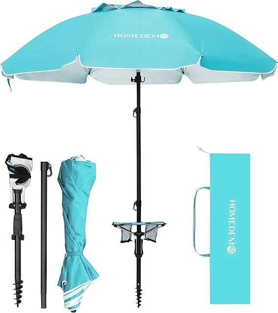 7ft Heavy Duty High Wind Beach Umbrella With Foldable Table & Hook