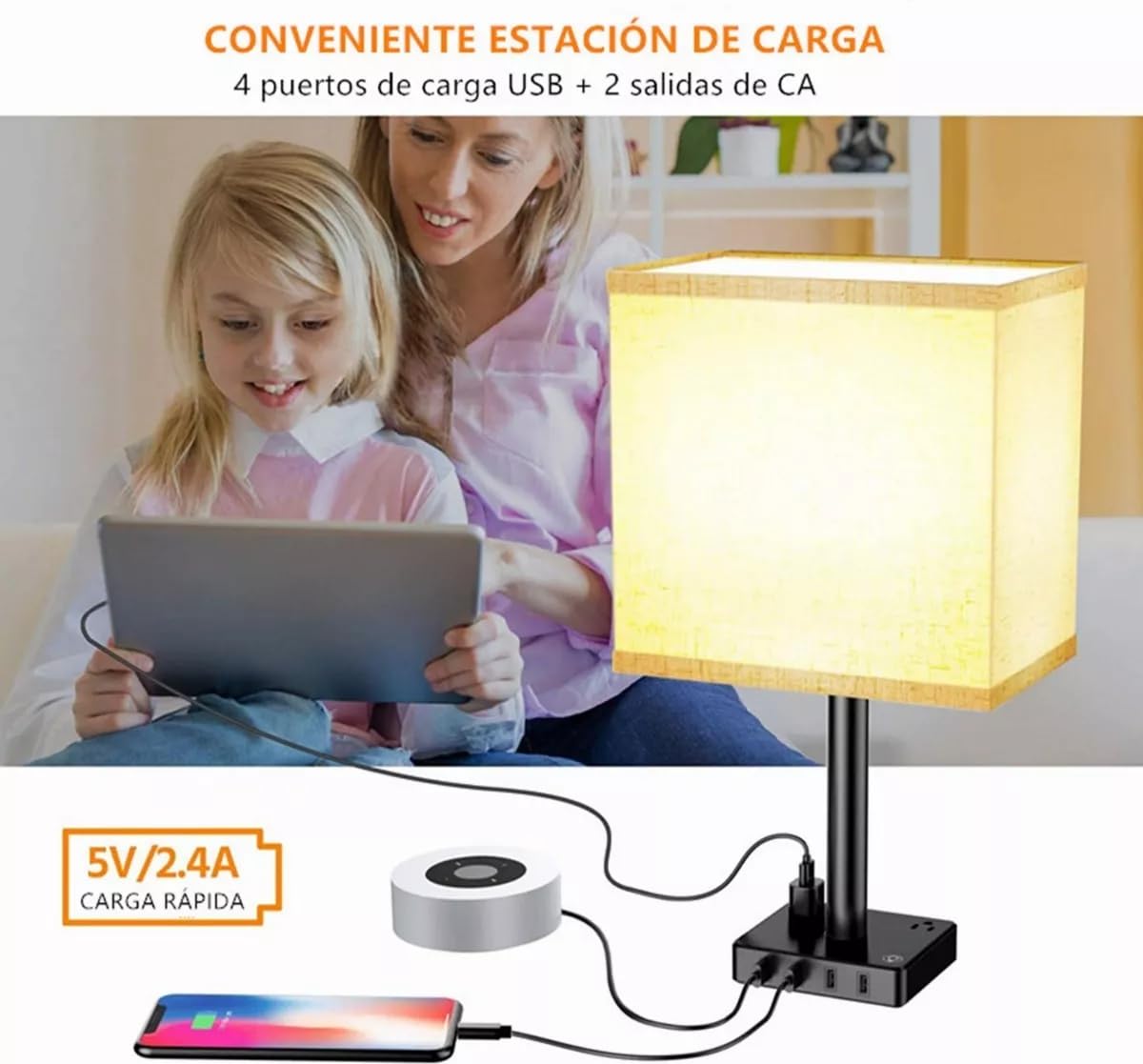 Touch Control USB Table Lamp, 3-Way Dimmable Nightstand Lamp with 4 Fast Charging USB Ports & 2 Outlet,