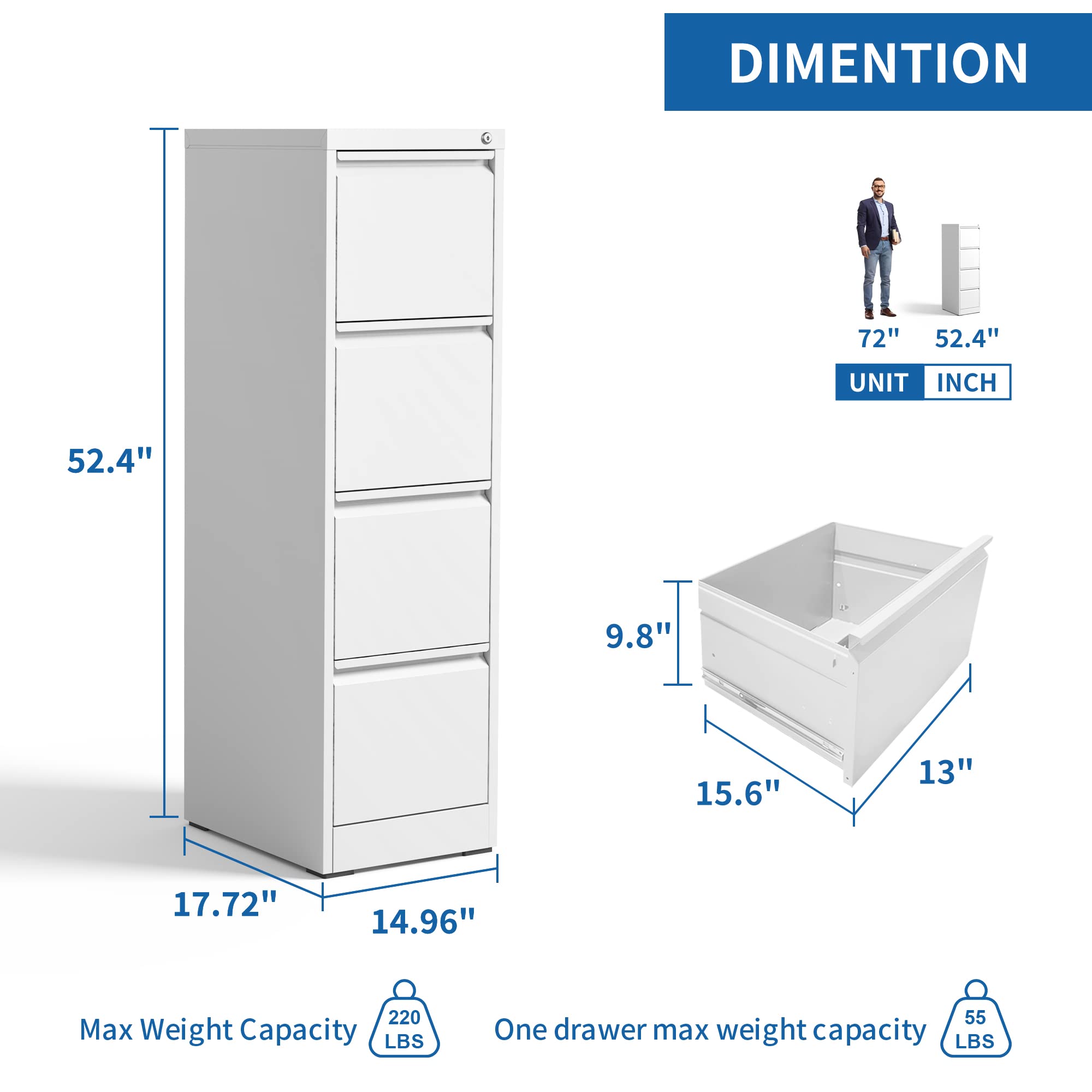 Vertical File Cabinet with Drawer, 4 Drawer File Cabinet with Lock, Filing Cabinets
