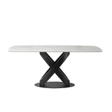 Modern Dining Table for 6, Matte White Dining Table Sintered Stone Dining Table Top with X-Shape Carbon Steel Pedestal Table,