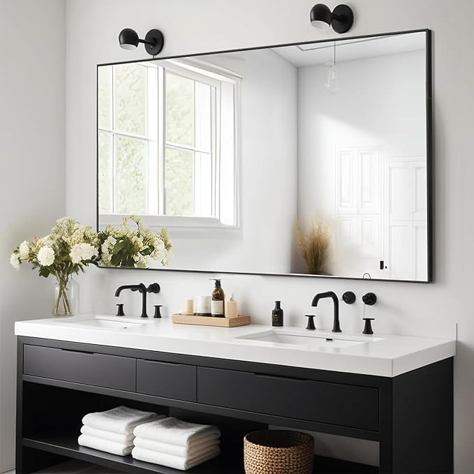 Large Mirror 32x48 Inch, Rectangle Bathroom Mirror, Black Metal Framed Mirror for Wall