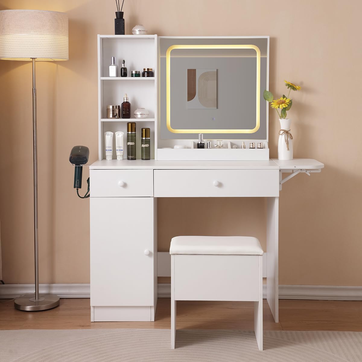 Vanity Desk with Lighted Mirror & Power Outlet, Makeup Vanity Desk with Drawers