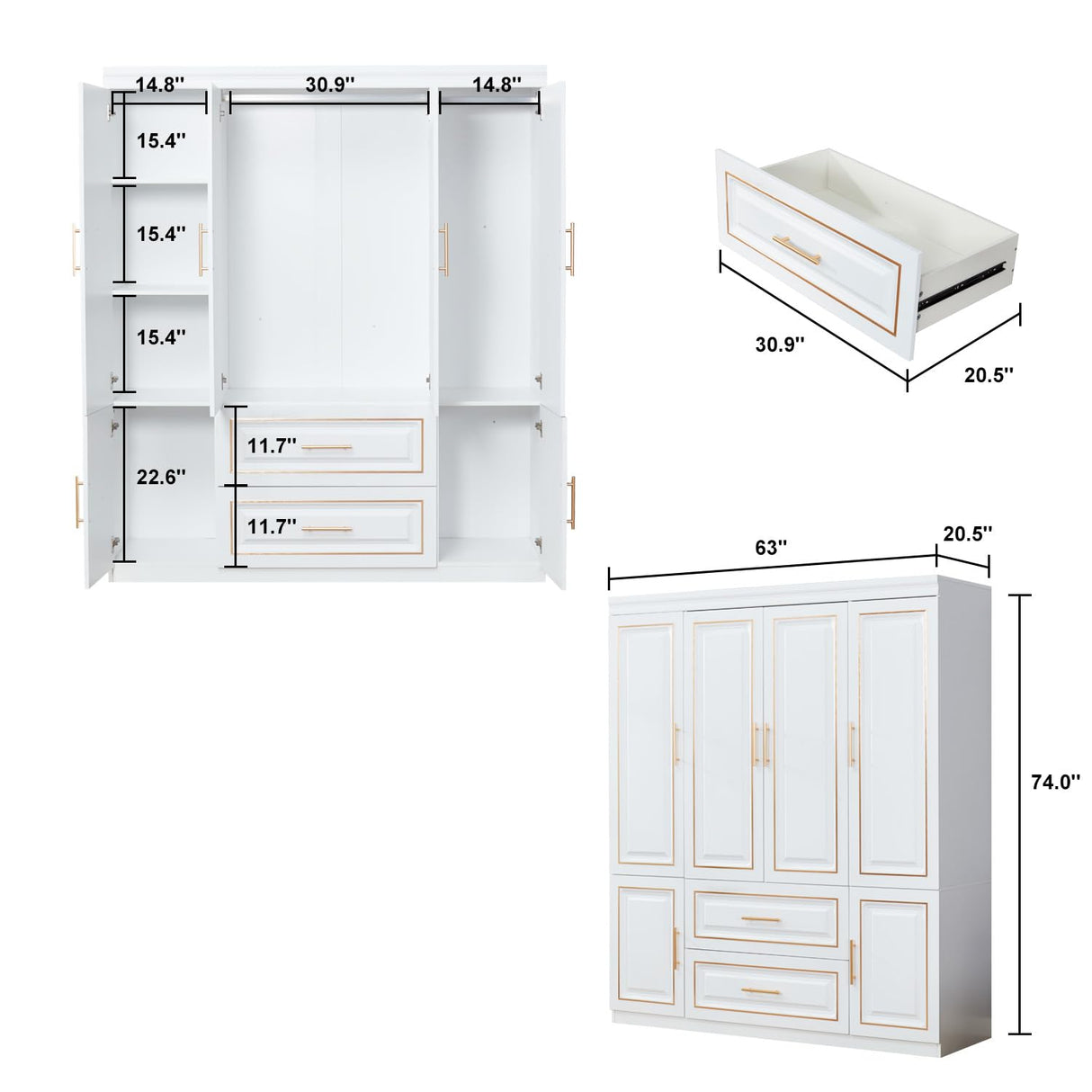 74" H Closet with Doors White Wooden Armoire Wardrobe Closet Freestanding Clothes