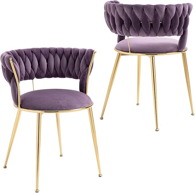 Velvet Dining Chairs Set of 2, Upholstered Dining Room Chairs with Woven Backrest