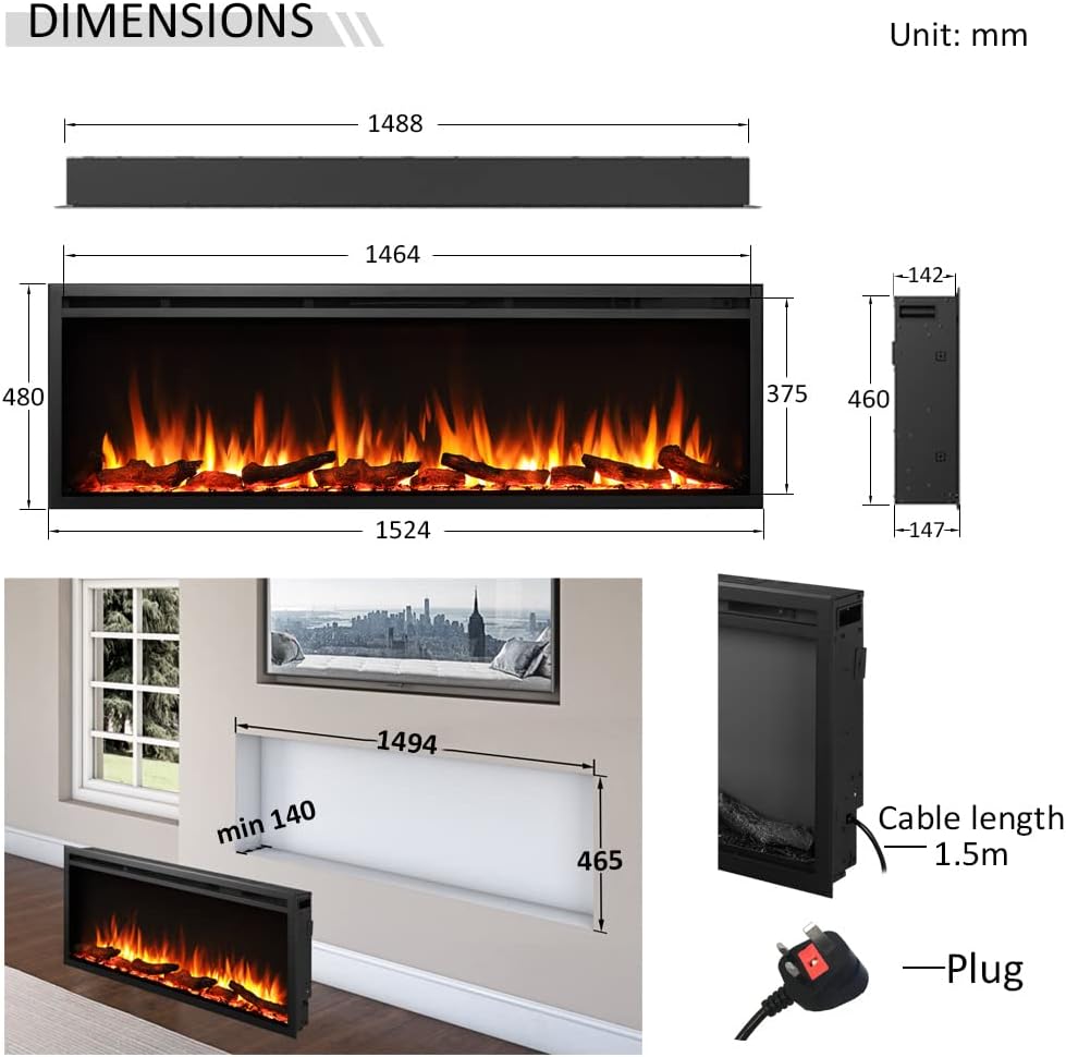 60"/152cm Castello Slim Frame Recessed Media Wall Inset Electric Fireplace