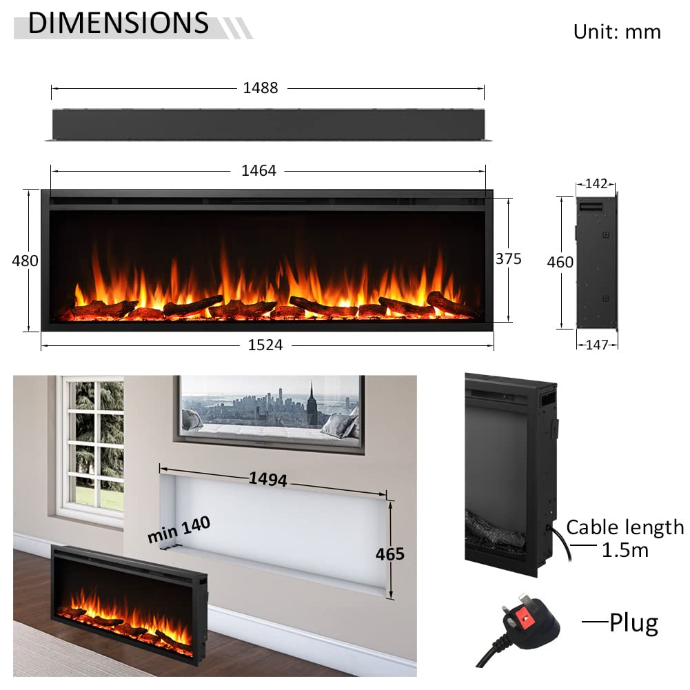 60"/152cm Castello Slim Frame Recessed Media Wall Inset Electric Fireplace