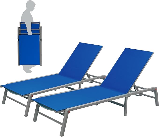 Lounge Chair Outdoor Foldable Outdoor Lounge Chair (2Blue Textilence W/O Table)