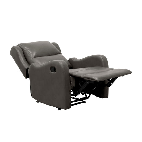 Kim 38 Inch Manual Recliner Chair, Cushioned Gray Faux Leather, Solid Wood