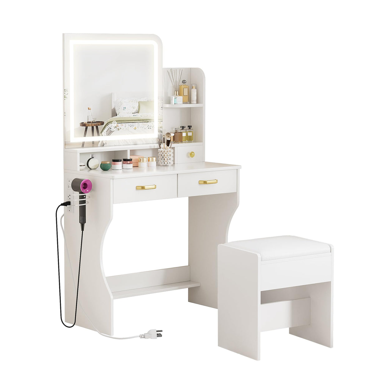 Vanity Desk with LED Lighted Mirror and Charging Station, Makeup Vanity Table Set