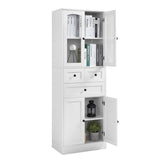 Merax 67" Tall Storage Cabinet with Glass Doors and 3 Drawers, Freestanding Kitchen Pantry Cupboard with Adjustable Shelves for Bathroom, Dining Room and Living Room, White