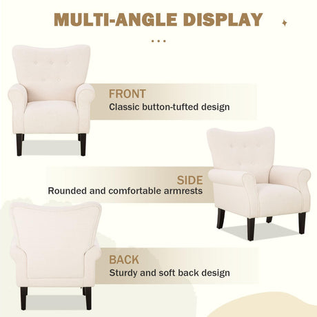 Bezseller Accent Living Room Chairs Set of 2, Button Tufted Modern Armchair with Solid Wood Legs, Upholstered Single Sofa Chair for Bedroom, Living Room, Office, Beige