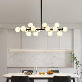 Modern Linear Chandelier Black Hanging Pendant Light with Milky White Glass Globe Lampshade Mid Century Sputnik Pendant Light Fixture for Kitchen Island Dining Room 16 Lights