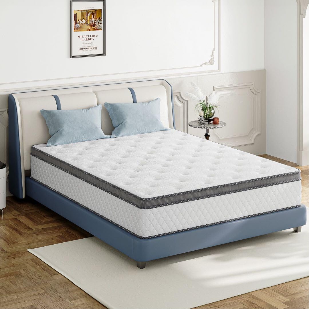 Queen Mattress, 10 Inch Medium Firm Hybrid Mattress with Bamboo Charcoal Gel Memory